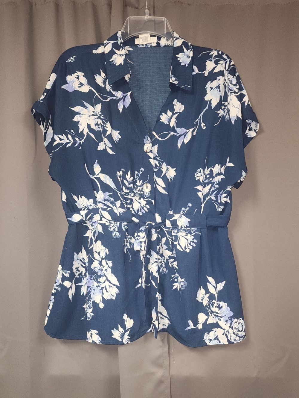 Women’s Navy Floral Button-Front Blouse with Tie Waist